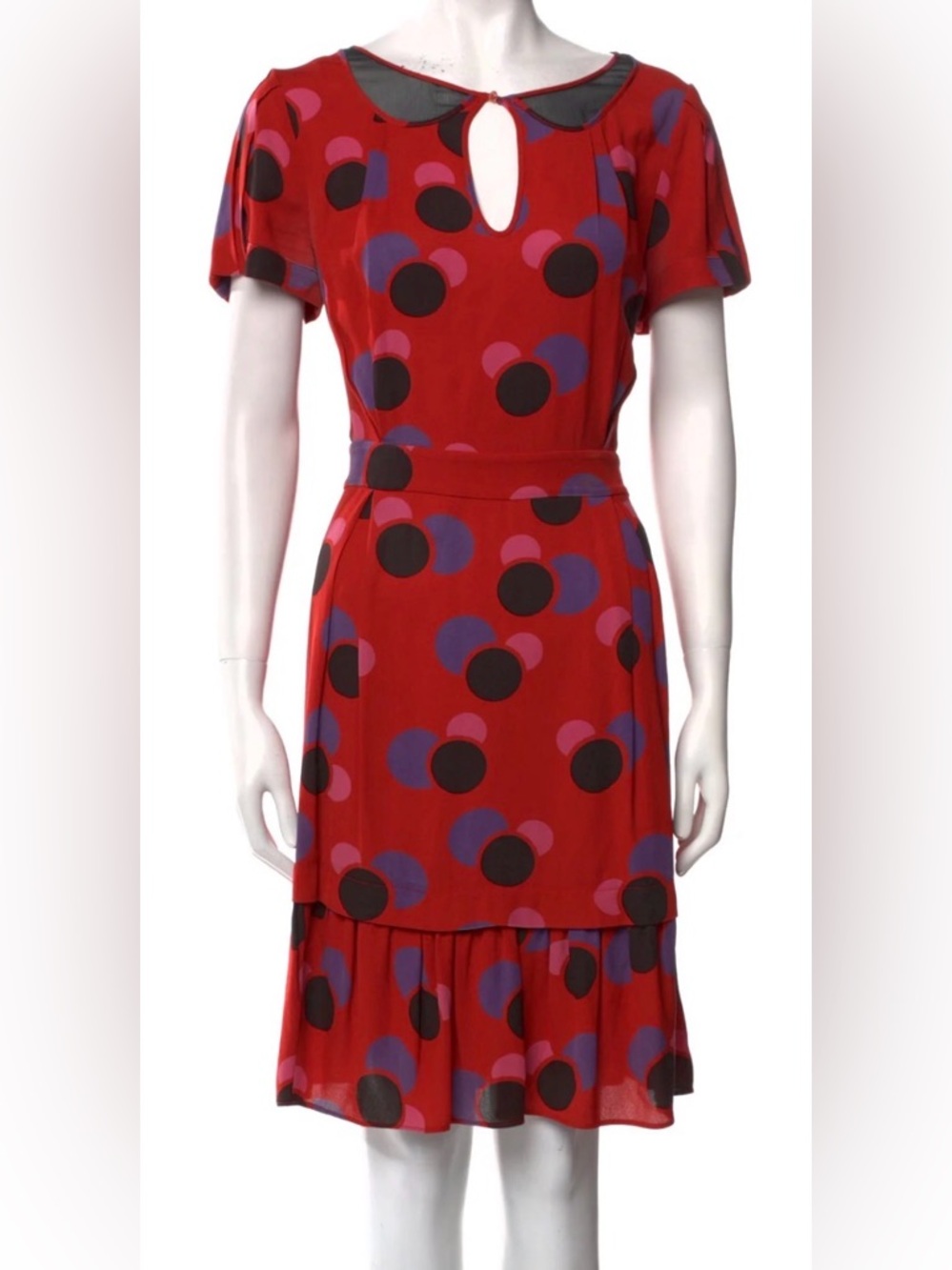 Marc Jacobs Red Midi Dress with Black and Purple Polka Dot Print